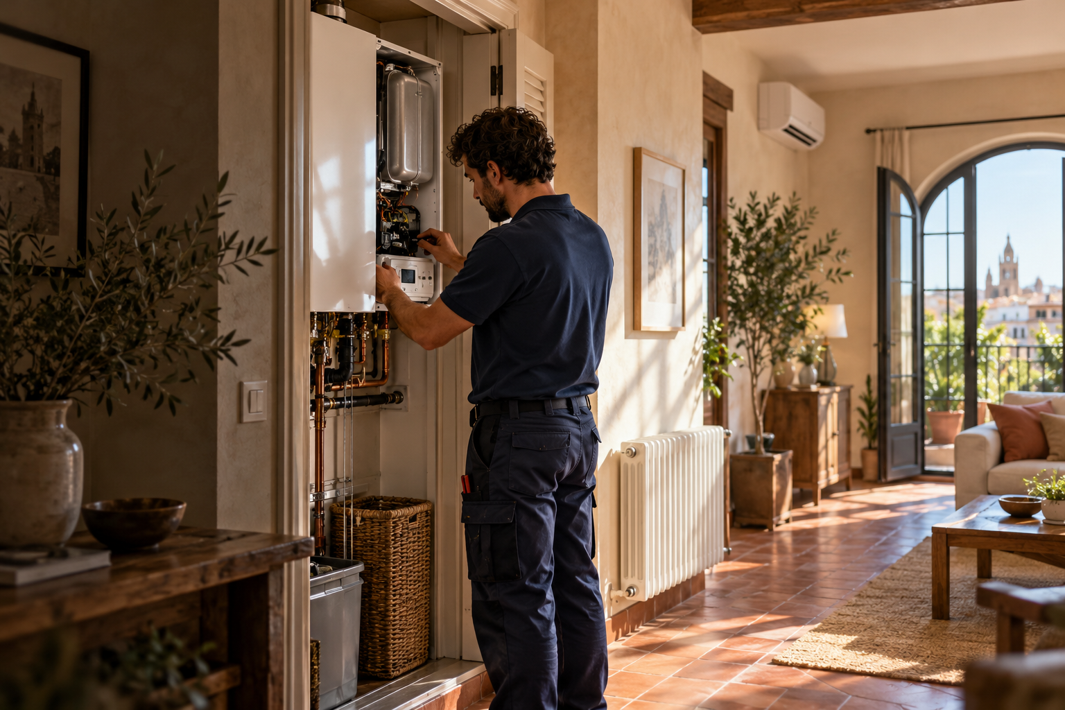 Imagen ilustrativa de un técnico revisando una caldera en una vivienda con calefacción y aire acondicionado